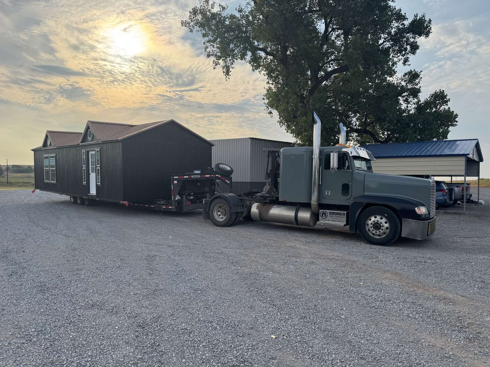 Long dark cabin on the truck at sunset